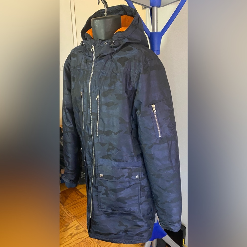 💙Slate & Stone Long Hooded Parka Coat Blue Black Camo Size L - Picture 9 of 15